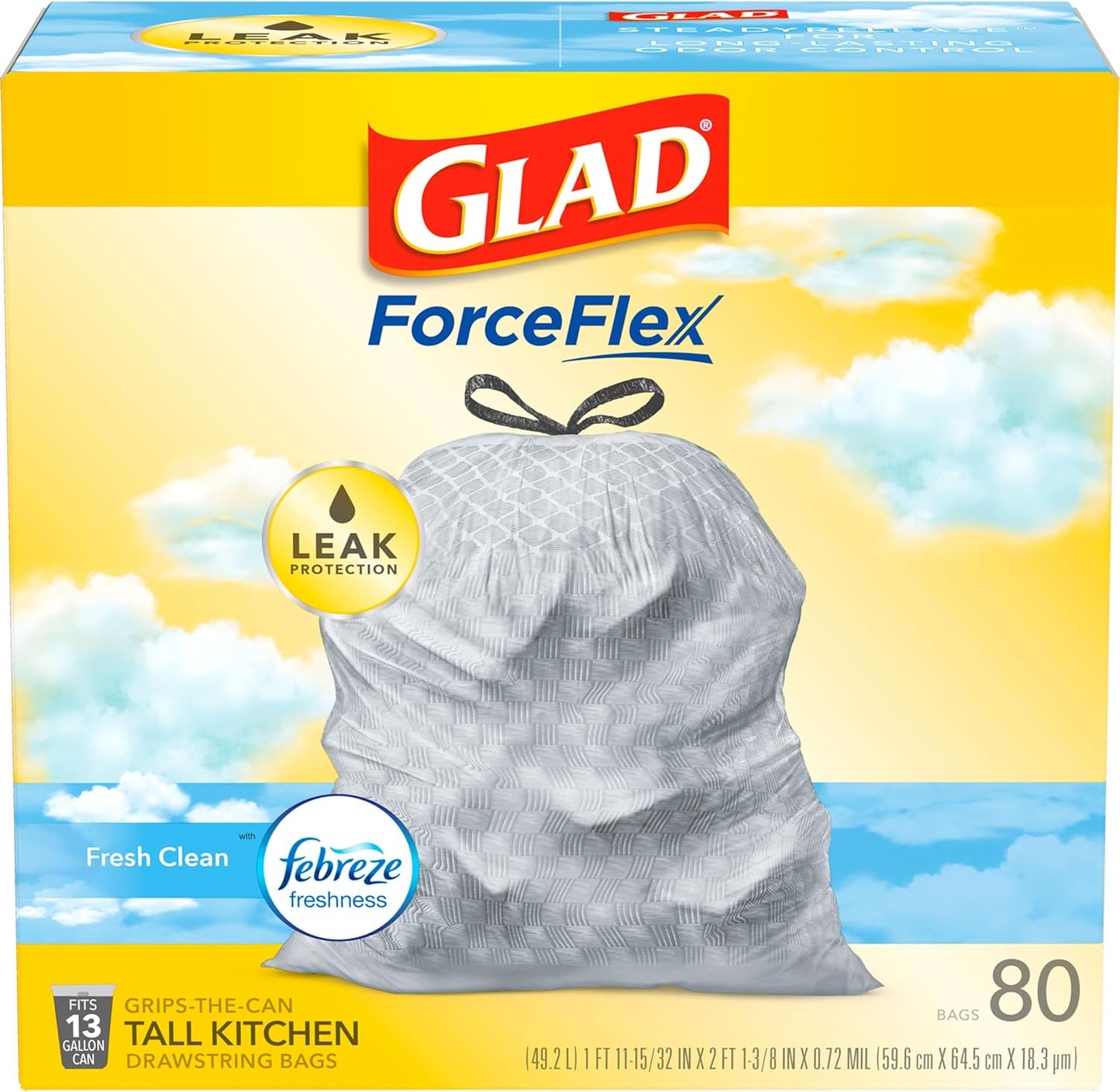 Glad ForceFlex Tall Kitchen Trash Bags, 13 Gallon, Gain Fresh Clean, 80 Count (Package May Vary)