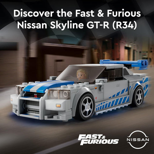 LEGO Speed Champions 2 Fast 2 Furious Nissan Skyline GT-R (R34), Race Car Toy Model Building Kit, Collectible with Racer Minifigure