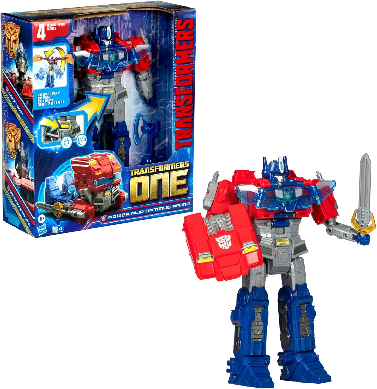 Transformers One Movie Power Flip Optimus Prime (Orion Pax) Converting Action Figure, 4 Modes, 10-inch Interactive Electronic Toy, Lights & Sounds, 6+