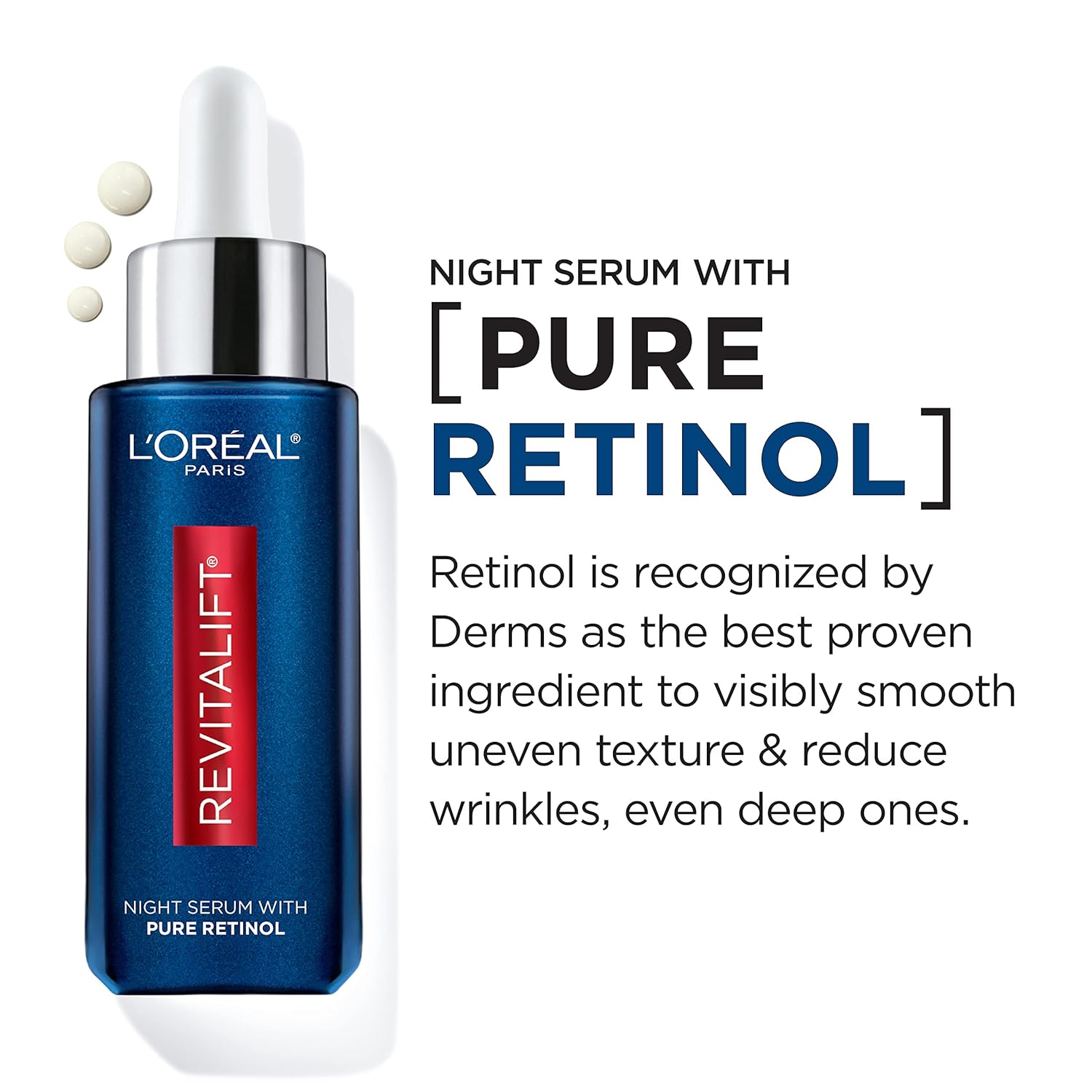 L'Oreal Paris Revitalift 0.3% Pure Retinol Night Serum, Reduce Deep Wrinkles, Fragrance Free 1 oz