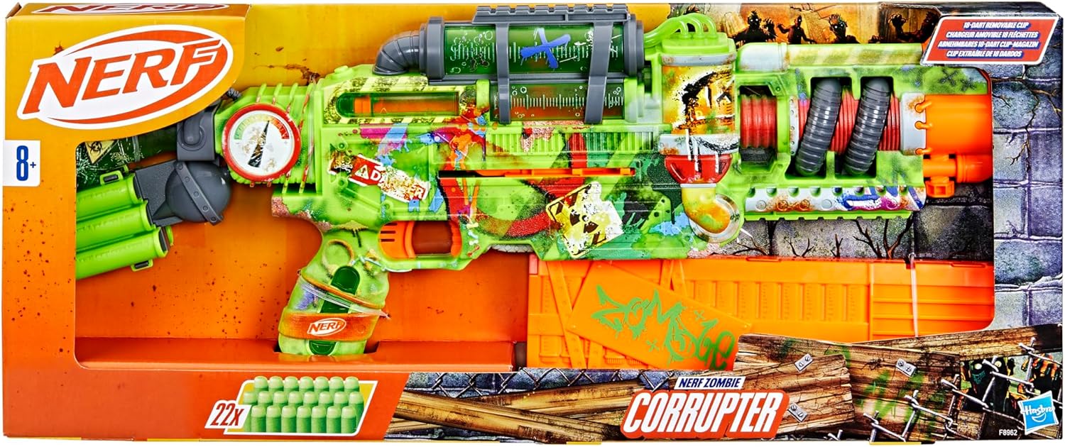 Nerf Zombie Corrupter Dart Blaster, 22 Nerf Elite Darts, 18 Dart Clip, Dart Storage, Bolt Action, Outdoor Games, Ages 8+