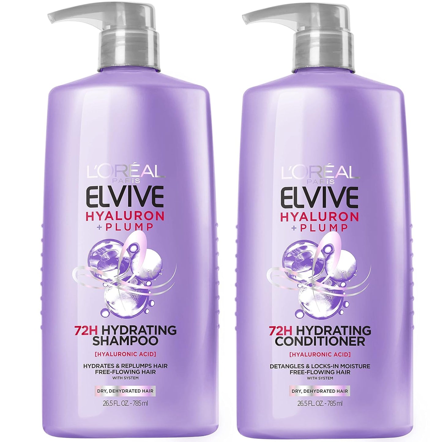 L'Oreal Paris Elvive Hyaluron Plump Shampoo and Conditioner Set for Dehydrated, Dry Hair with Hyaluronic Acid Care Complex, 1 Kit (2 Products)