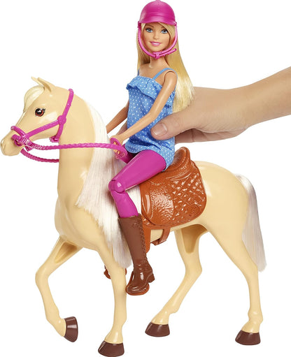 Barbie Doll & Toy Horse Set, Blonde Fashion Doll in Riding Outfit & Light Brown Horse with Saddle, Bridle & Reins