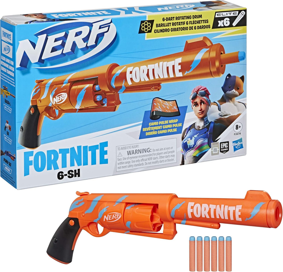 Nerf Fortnite 6-SH Dart Blaster - Camo Pulse Wrap, Hammer Action Priming, 6-Dart Rotating Drum, Includes 6 Official Elite Darts