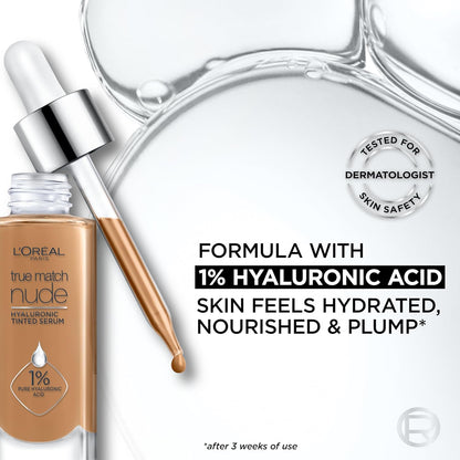 L'Oreal Paris True Match Nude Hyaluronic Tinted Serum Foundation with 1% Hyaluronic acid, Light 2-3, 1 fl. oz.