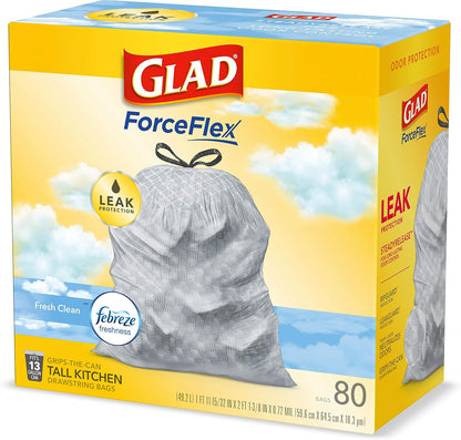 Glad ForceFlex Tall Kitchen Trash Bags, 13 Gallon, Gain Fresh Clean, 80 Count (Package May Vary)