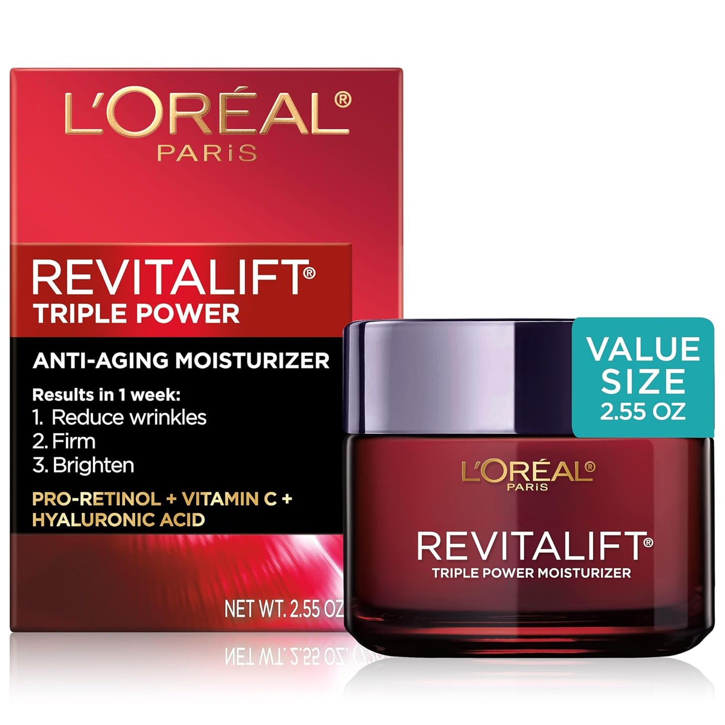 L'Oreal Paris Revitalift Triple Power Anti-Aging Face Moisturizer, Pro Retinol, Hyaluronic Acid & Vitamin C, Reduce Wrinkles 2.55 Oz