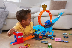 Hot Wheels City Toy Car Track Set, T-Rex Chomp Down with 1:64 Scale Vehicle, Knock Out The Giant Dinosaur with Stunts, Connects to Other Sets