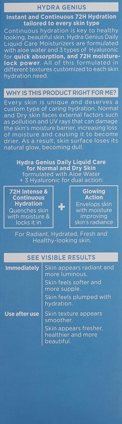 L'Oreal Paris Skincare Hydra Genius Daily Liquid Care Oil-Free Face Moisturizer for Normal to Dry Skin, Hyaluronic Acid Moisturizer for Face with Aloe Water and Hyaluronic Acid, 3.04 fl. oz.