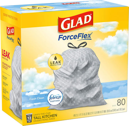 Glad ForceFlex Tall Kitchen Trash Bags, 13 Gallon, Gain Fresh Clean, 80 Count (Package May Vary)