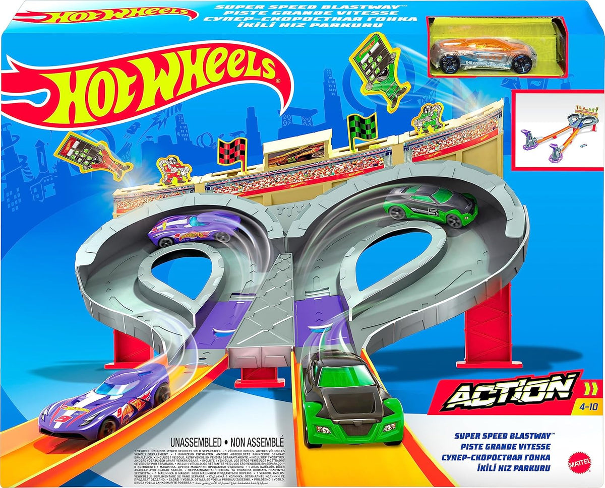 Hot Wheels Toy Car Track Set Super Speed Blastway Playset, Dual-Track Racing for 1 or 2 Players, Includes 1:64 Scale Car